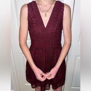 Maroon Abercrombie & Fitch Lace Crochet V-Neck Skater Dress